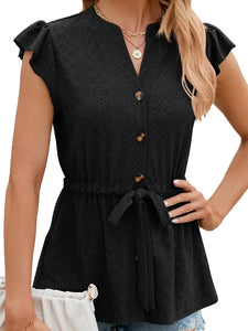 Sleeveless Button Belt Black Blouse